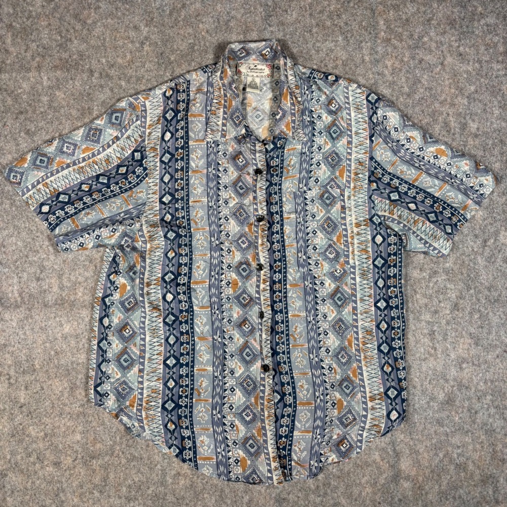 Sophisticates Jonathan Martin Silk Blouse Womens L Blue Geometric Tribal Vintage